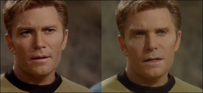 A scene from Star Trek with Captain Kirk played by Vic Mignogna. Fans created a deepfake of this scene where William Shatner's face is superimposed over Vic's. Ironically, Vic's face is the one that looks deepfaked.