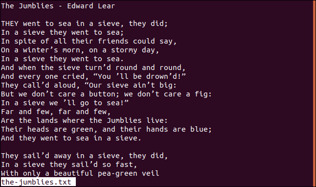 The Jumblies in less in a terminal window