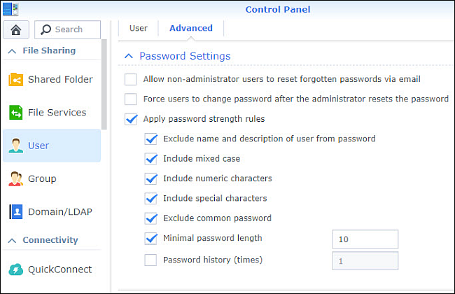Control Panel password settings with most options checked.