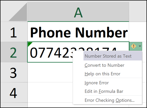 Phone number stored as text in Excel