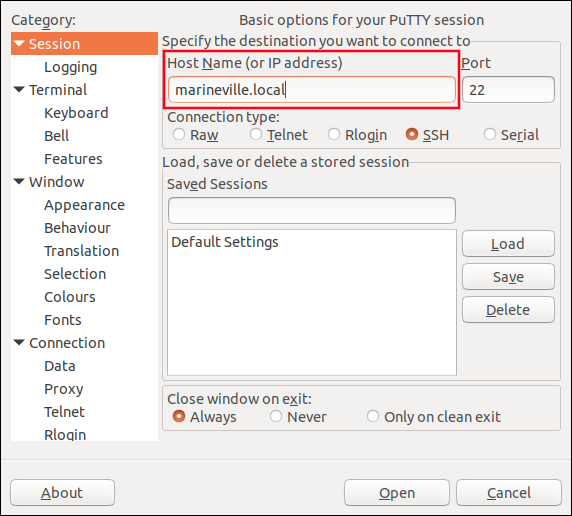 the PuTTY window with host details added