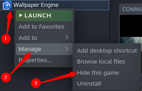 Right-click the game you want to hide, click 