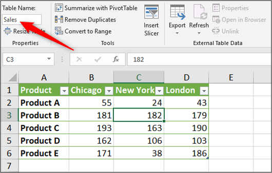 Assign a name to your Excel table