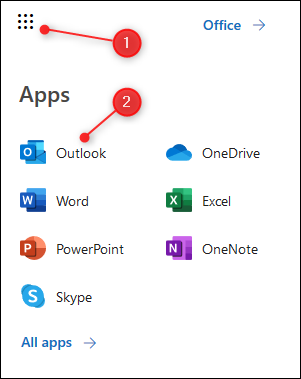 The O365 app launcher with Outlook highlighted.