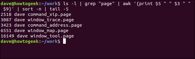 Five largest .page files listed by size order in a terminal window