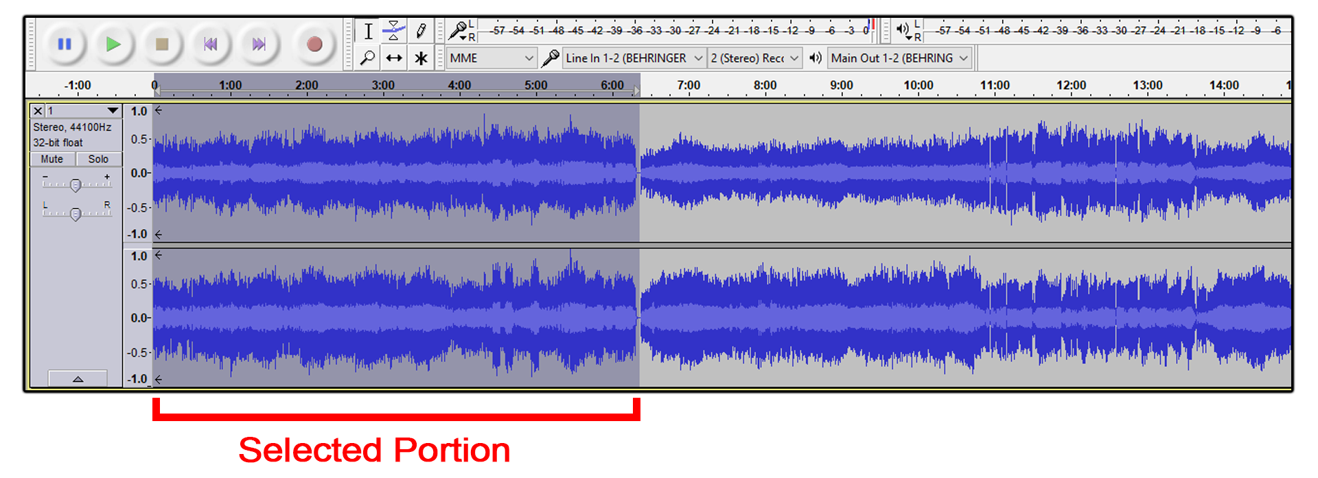 A selected portion of sound (or one song) in Audacity.