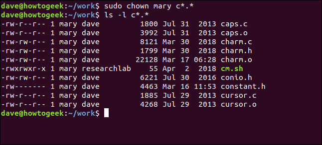 ls -l mary c*.* in a terminal window