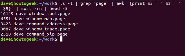 Five largest .page files listed in reverse size order in a terminal window