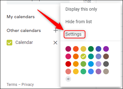 Google Calendar's Settings option for the shared calendar.