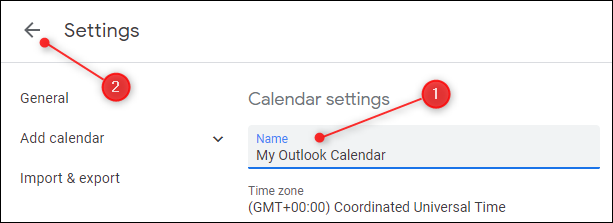 The Settings for the calendar with the Name field highlighted.