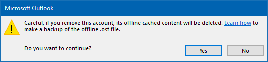 Outlook account removal confirmation dialogue.