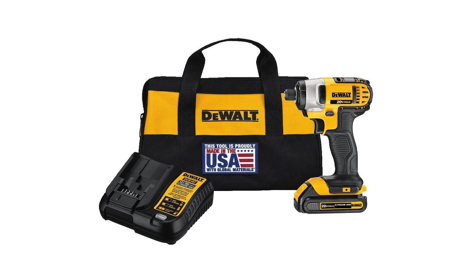 A DEWALT impact driver with battery, charger, and case.