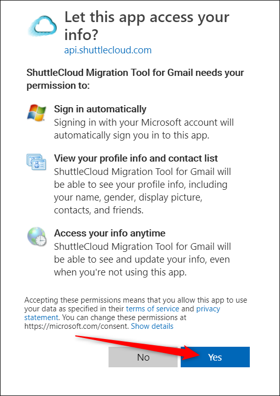 For this application to access emails and contacts in associated with your email account, you have to give it access to your email account. Read through the permissions, and then click &quot;Yes.&quot;