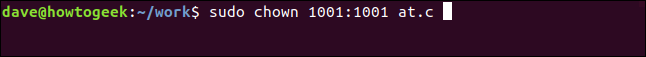 sudo chown 1001:1001 at.c in a terminal window