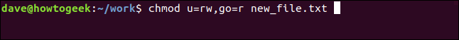 chmod u=rw,og=r new_file.txt in a terminal window