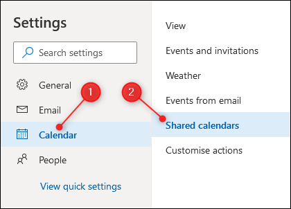 Outlooks Calendar settings with the shared calendar settings highlighted.