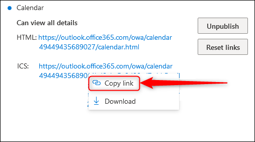 The HTML and ICS links with the &quot;Copy link&quot; option highlighted.