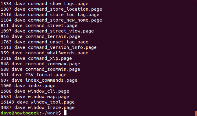 Three column listing for each matching file in a terminal window
