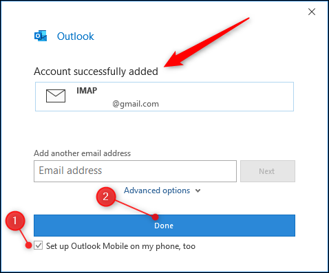 Outlook's "account added" page.