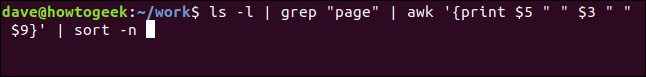 ls -l | grep "page" | awk '{print $5 " " $3 " " $9}' | sort -n in a terminal window