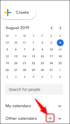 Google &quot;Other calendars&quot; section with &quot;add calendar&quot; highlighted.