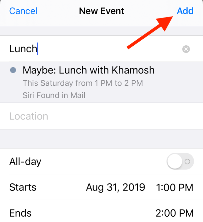Fill in the calendar event details and tap on Add button to save the event