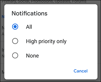 Notifications settings for Gmail account