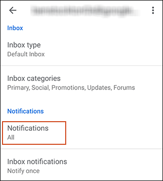 Account settings in Gmail with notifications highlighted