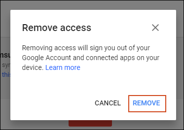 Confirmation window for remote Google Account removal