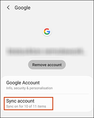 Sync account button in the Android account settings area