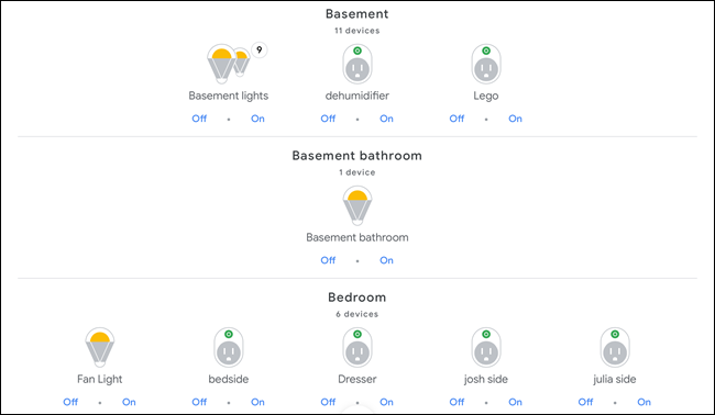 Google Home showing smart devices in a basement and bedroom.