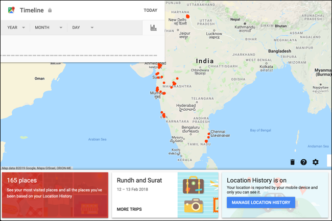 Google Maps Timeline view for your account showing the map of your country