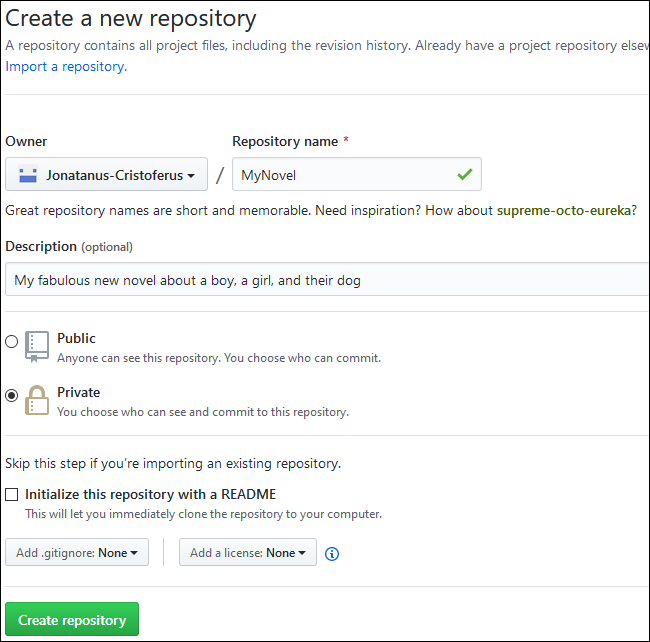 The text form for creating a new GitHub repository.