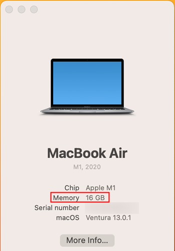 The memory available on your Mac is displayed on the second line, below the processor. 