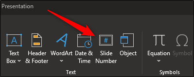 Slide number option in text group