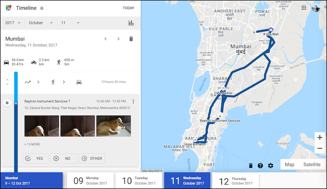 Take a look at your location history data from a given day in Google Maps Timeline view