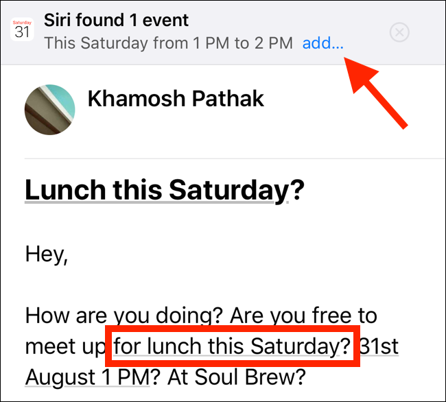 Tap on Underlined text or Add button to create an event from Mail app