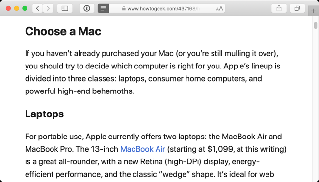 This is what the web page looks like in Reader View in Safari