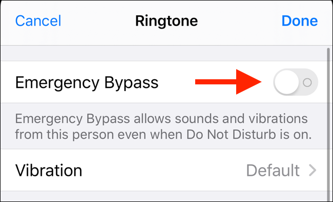 Turn on toggle to enable Emergency Bypass for a contact