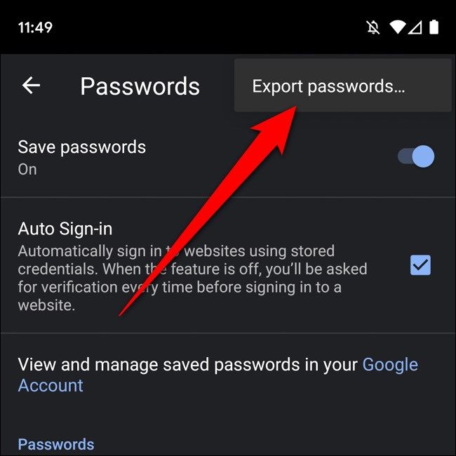 Android Chrome Export Passwords Option