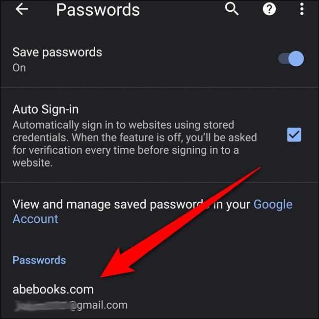 Android Chrome Passwords List. Tap Item to View
