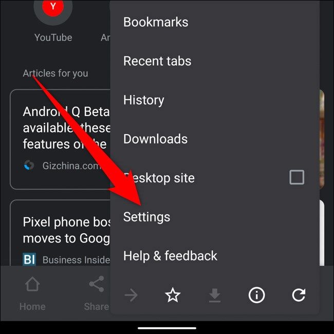 Android Google Chrome Tap Settings