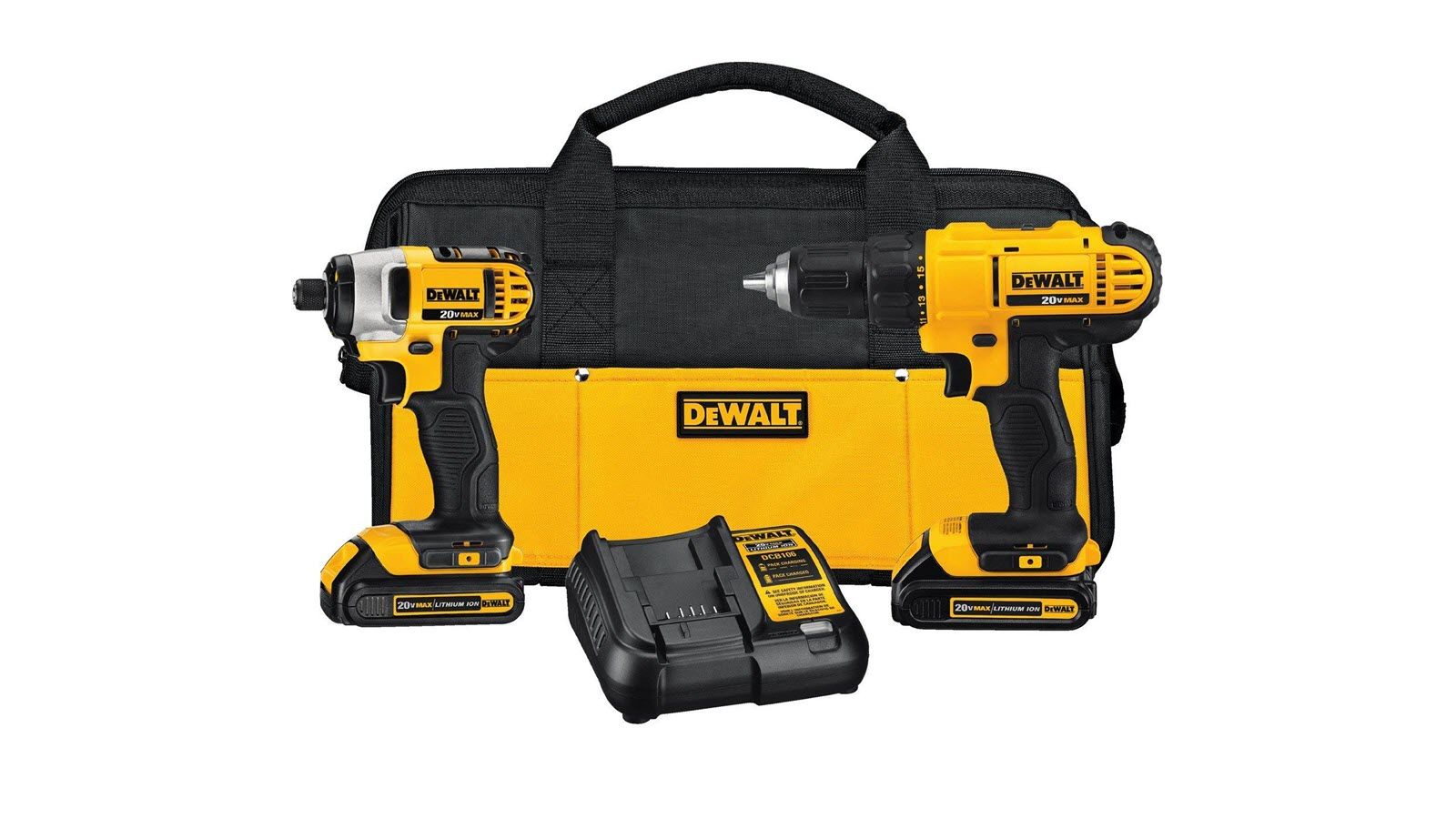 A DEWALT Impact Driver and Power drill combo kit, showing batteries, charger, and case.