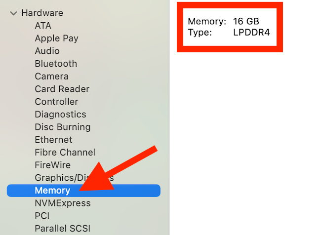 Choose "Memory" from the left sidebar to view your Mac's RAM