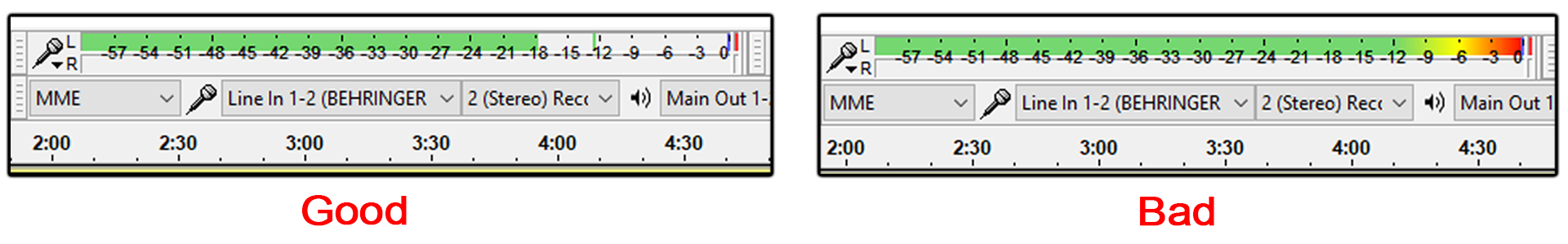 Audacity's equalizer showing a Good (all green) and Bad (green with yellow, orange, and red) volume setting.