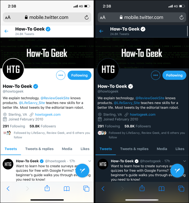 Screenshot showing Twitter in Light mode and Dark mode based on automatic switching in iOS 13