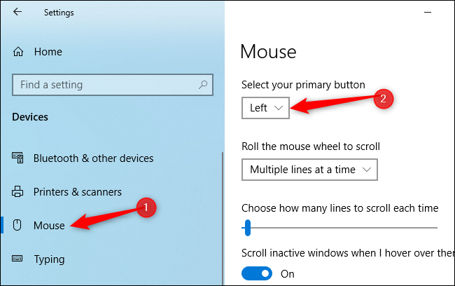 Swapping the left and right mouse button on Windows 10