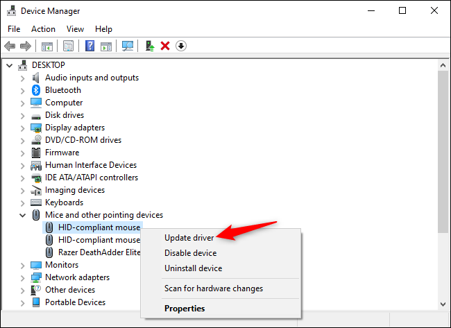 Updating a mouse device's drivers in the Device Manager