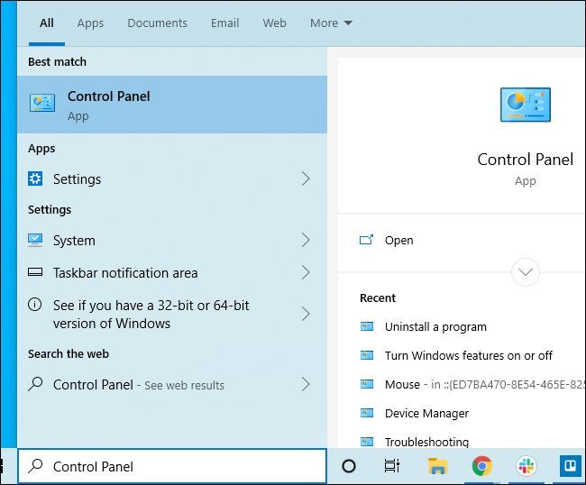 Launching the Control Panel from Windows 10's Start menu