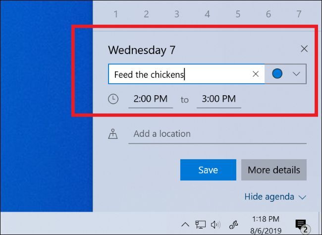 Adding a calendar event from Windows 10's taskbar calendar panel